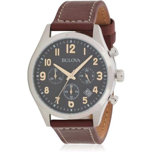 Men's Classic Stainless Steel 6-Hand Chronograph Quartz Leather Strap Watch